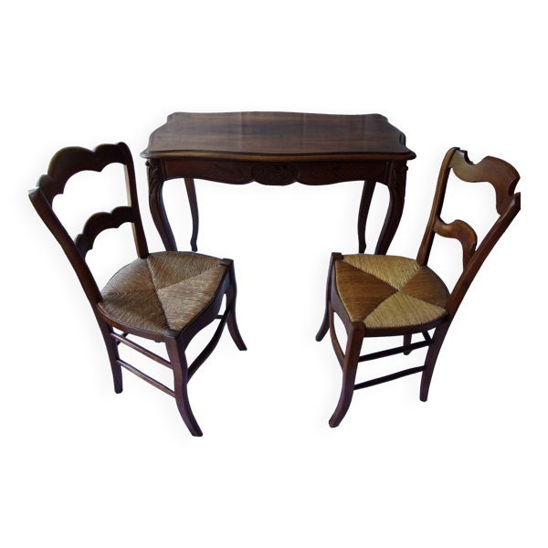 Bureau de cabaret Louis XV avec 2 chaises paillées - Bon état sur Selency