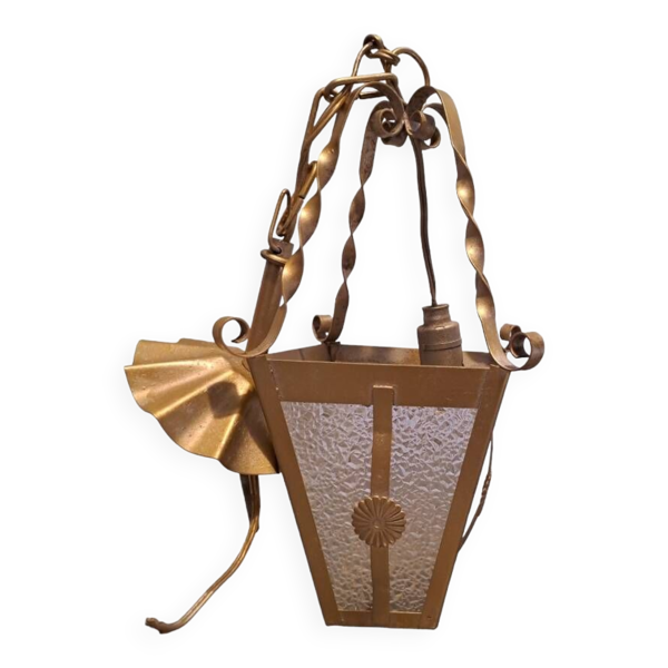 Suspension intérieur Plafonnier Lanterne en métal doré et verre grénelé 1950 France