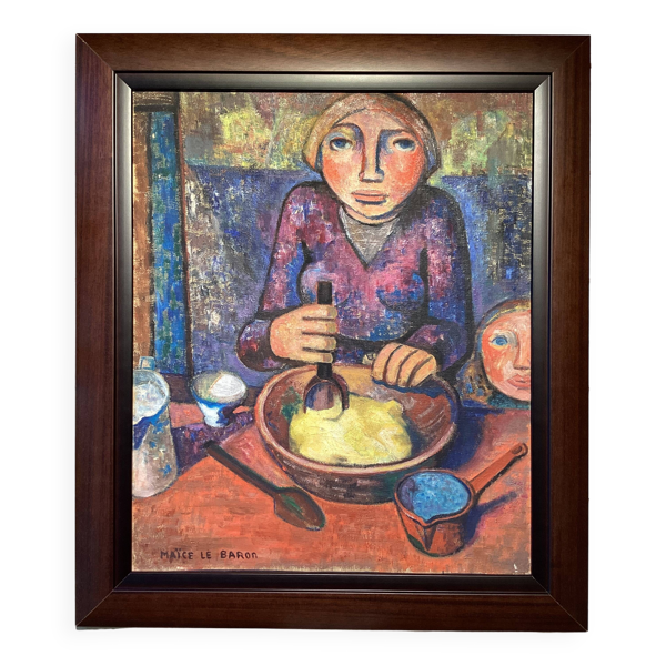 Huile sur toile portrait de femme, Maïce Le Baron 1950 élève de Marcel Gromaire - Bon état sur Selency