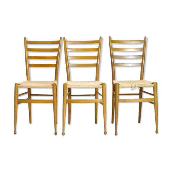 Trio de chaises en bois et corde, Italie, 1950 - Bon état sur Selency