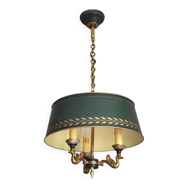 Lustre bouillotte 3 feux en métal doré et abat-jour métal vert