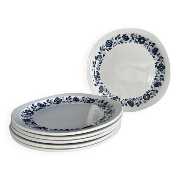 Lot de 6 assiettes plates Sarreguemines Pyroblan - Porcelaine motif fleuri