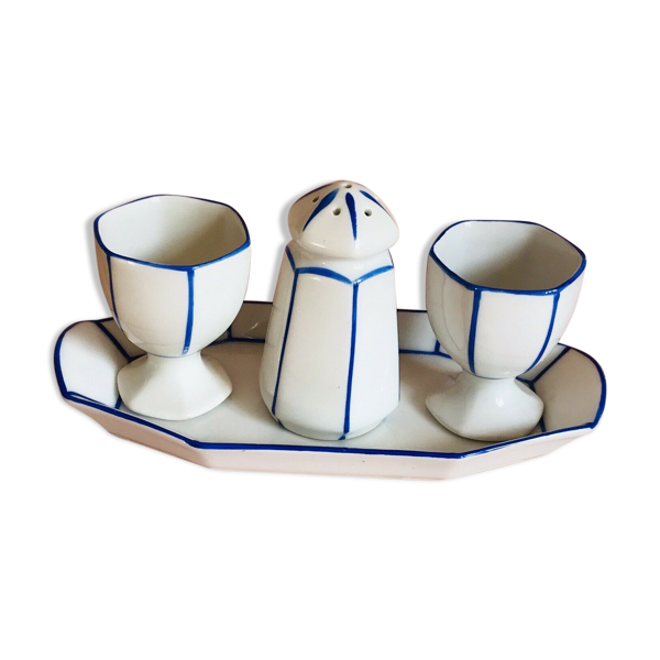 2 coquetiers & salière sur plateau art déco faïence bleu & Blanche