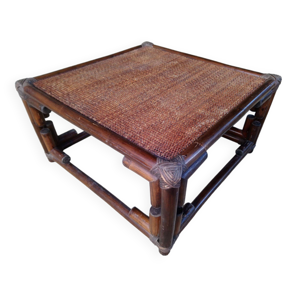 Table basse rotin carrée vintage 1970