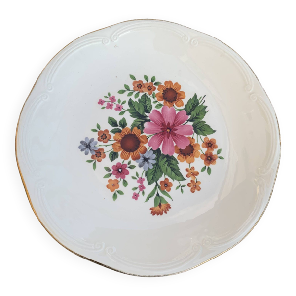 Plat a gateaux en faience, GIEN France, motif floral, fleurs très colorées, art de la table, vintage - Bon état sur Selency