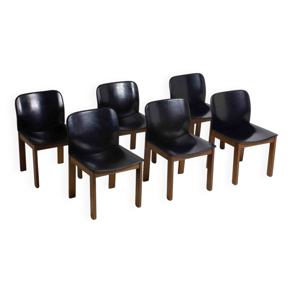 Ensemble de 6 chaises de salle à manger en cuir noir par Afra & Tobia Scarpa, années 1970