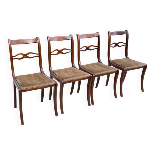 4 chaises en acajou et daim beige style Louis Philippe scandinave