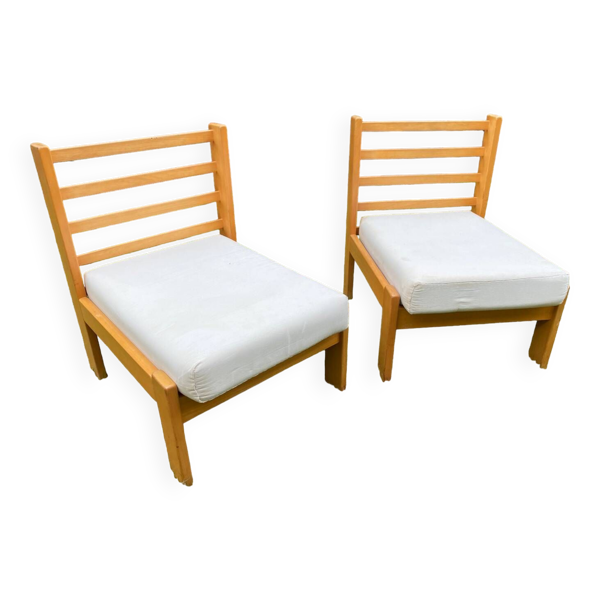 Paire chauffeuses style chalet coton écru vers 1960