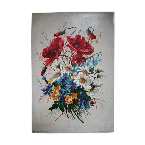 Lithographie bouquet de fleurs des champs tricolore - Bon état sur Selency