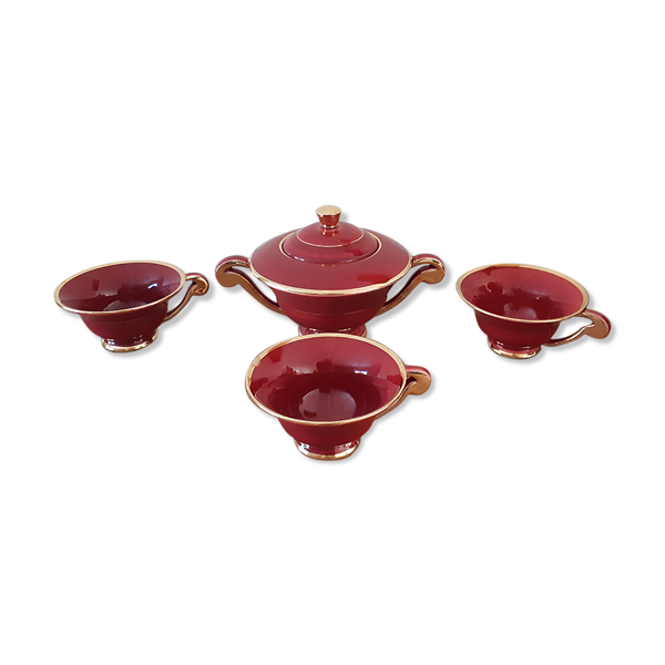 Tasses à thé, café et sucrier en porcelaine rouge et or