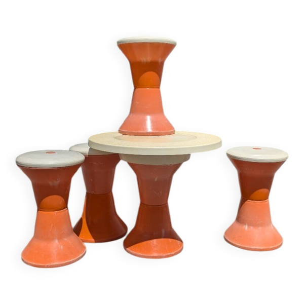 Table basse et 4 tabourets vintage années 70