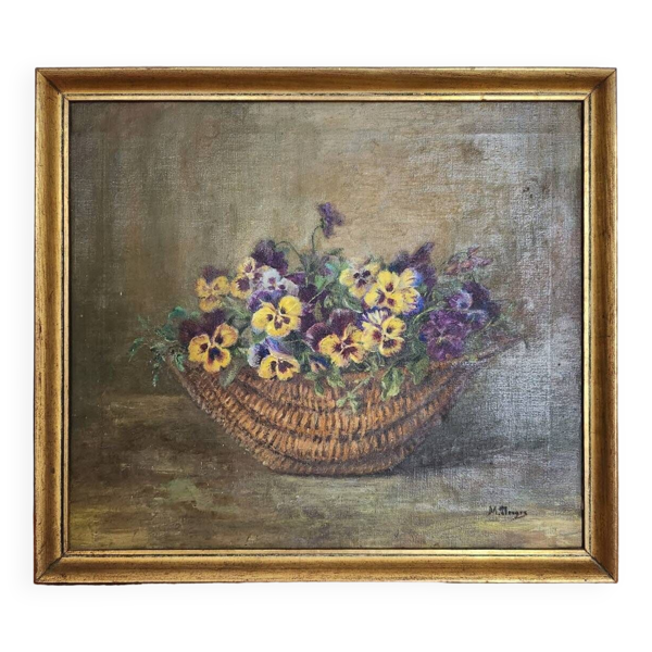 Peinture à l’huile XIXe bouquet de fleurs