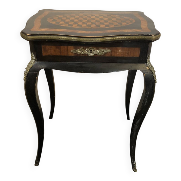 Coiffeuse, travailleuse en marqueterie de bois, miroir et bronze