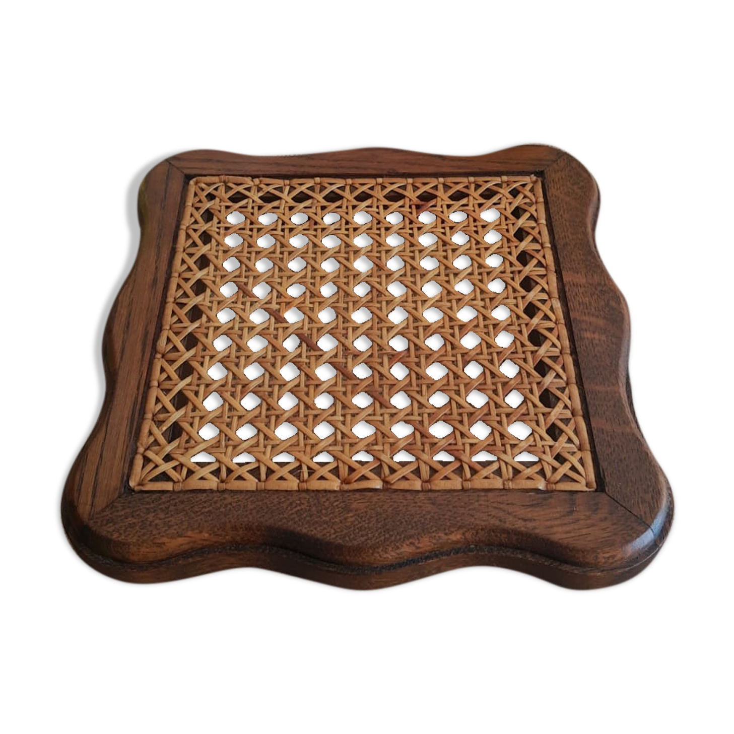 Dessous de plat bois et cannage vintage