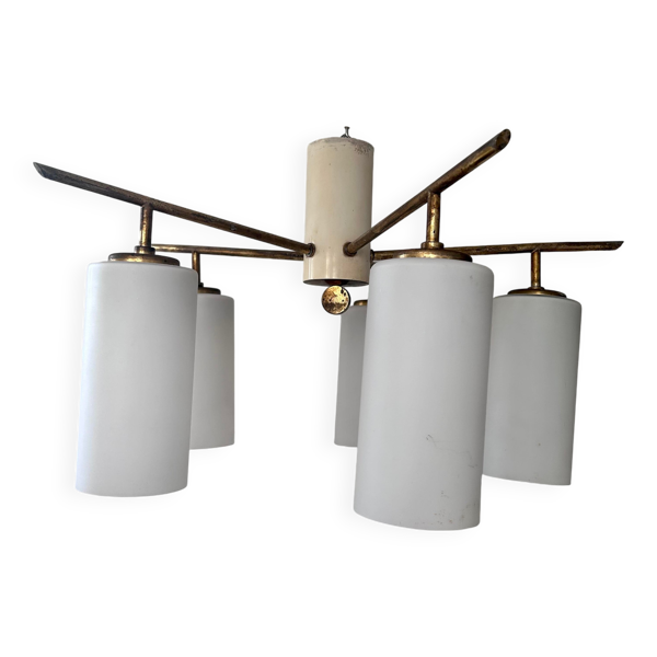 Plafonnier italien vintage, laiton et opaline, 1950