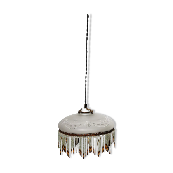 Suspension art déco verre ciselé et pampilles - Bon état sur Selency