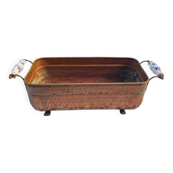 Cache-pot vintage en cuivre avec poignées en céramique et pieds griffe