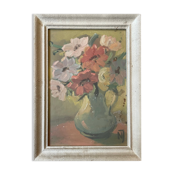 Tableau peinture ancienne nature morte aux fleurs Still Life XXe - Bon état sur Selency