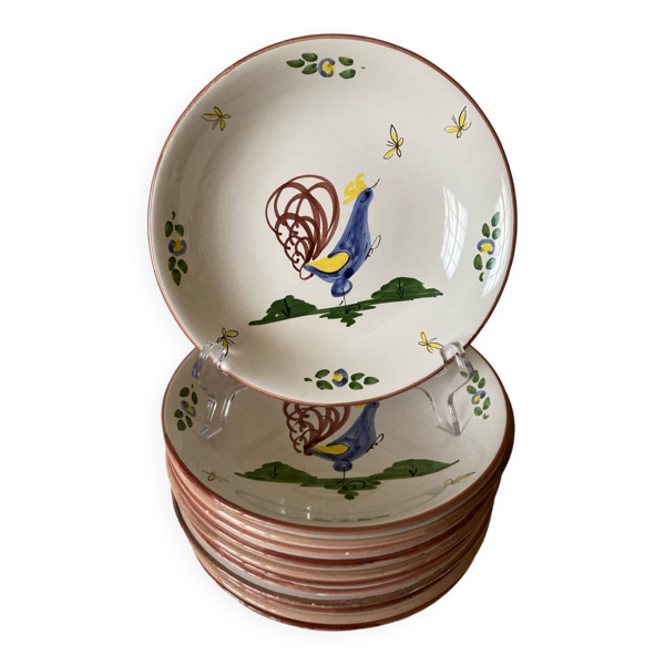 12 assiettes creuses calottes décor au Coq La Rochelle copie du 18ème - Bon état sur Selency