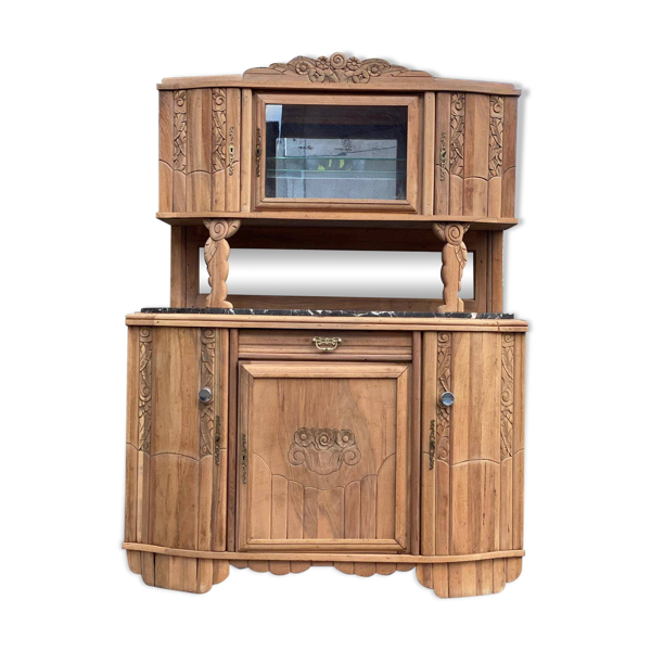 Buffet parisien art déco 2 corps rénové en chêne massif et marbre 1940 152c - Bon état sur Selency