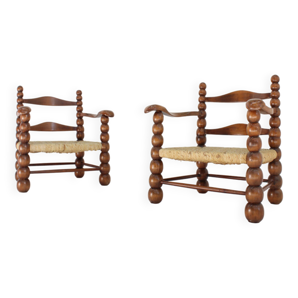 Ensemble de fauteuils en chêne et jonc, attribué à Charles Dudouyt, années 1940