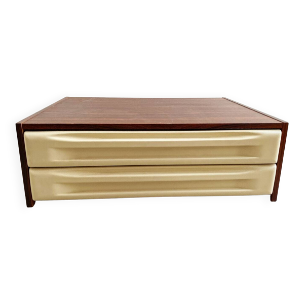 Commode vintage en palissandre avec 2 tiroirs en plastique beige - Bon état sur Selency