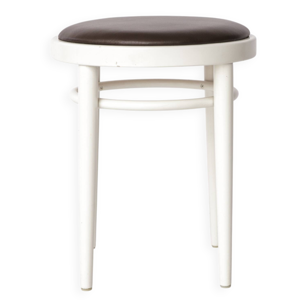 Tabouret Thonet vintage – Bois laqué blanc et cuir marron – Années 1990-2000