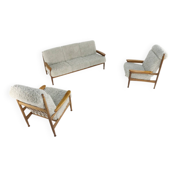 Ensemble canapé design + 2 fauteuils 'Sliedrecht' - retapissés