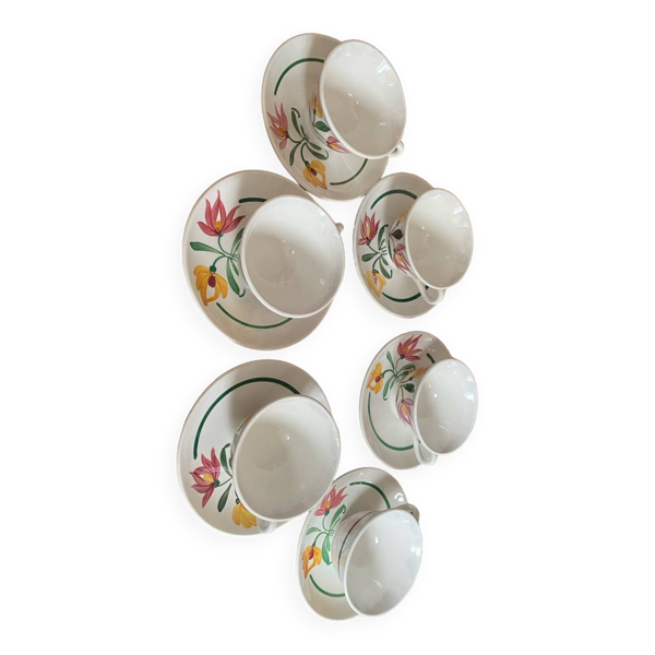 Lot de 6 tasses et soucoupes à fleurs Digoin