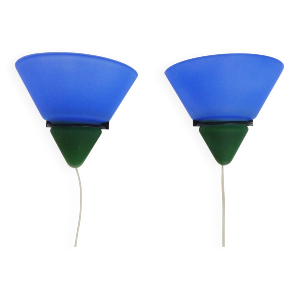 Paire d'appliques murales vintage Vandeheg Lotus bleu et verte. Années 80 - Bon état sur Selency