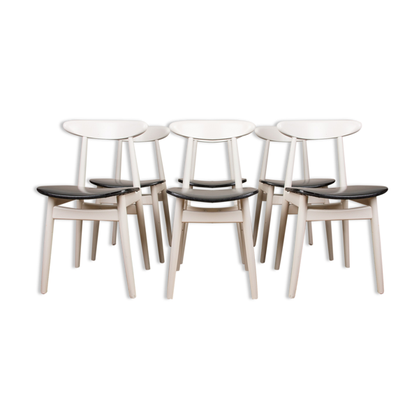 Série de 6 chaises de repas Thonet en bois thermoformé et skai noir 1960 - Bon état sur Selency