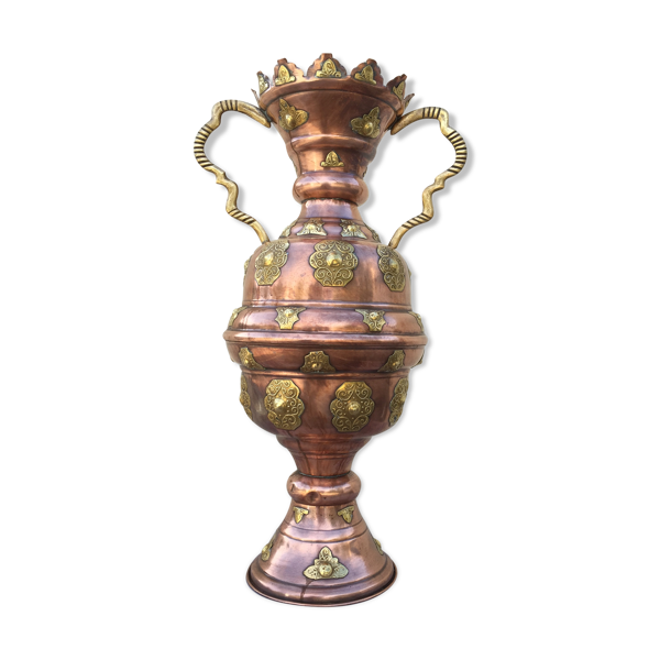 Amphore en cuivre rouge et laiton décor oriental mauresque art - Bon état sur Selency