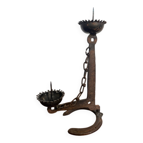 Bougeoir chandelier double Brutaliste fer forgé