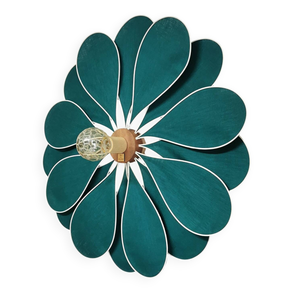 Applique murale fleur 16 pétales rotin et lin vert émeraude
