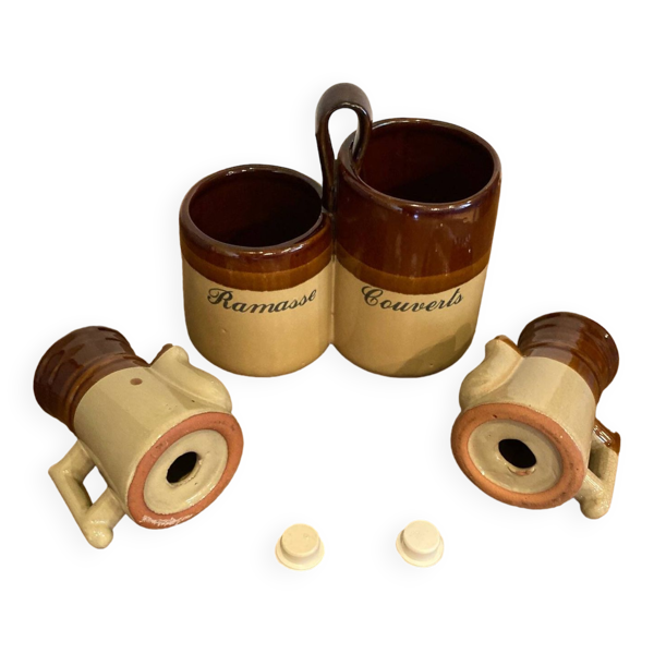 Ramasse-couverts, Salière et Poivrière en terre cuite vernie