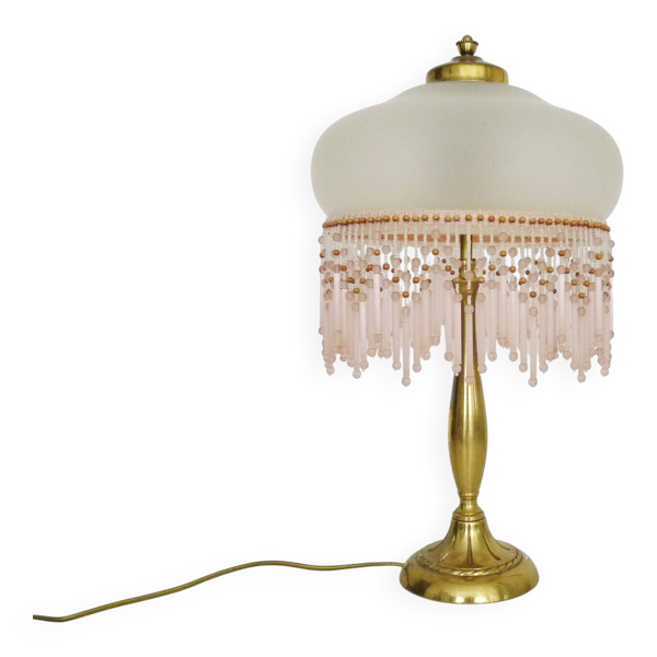 Lampe de table, lampe de chevet 2 feux, pied laiton, globe et perles rose