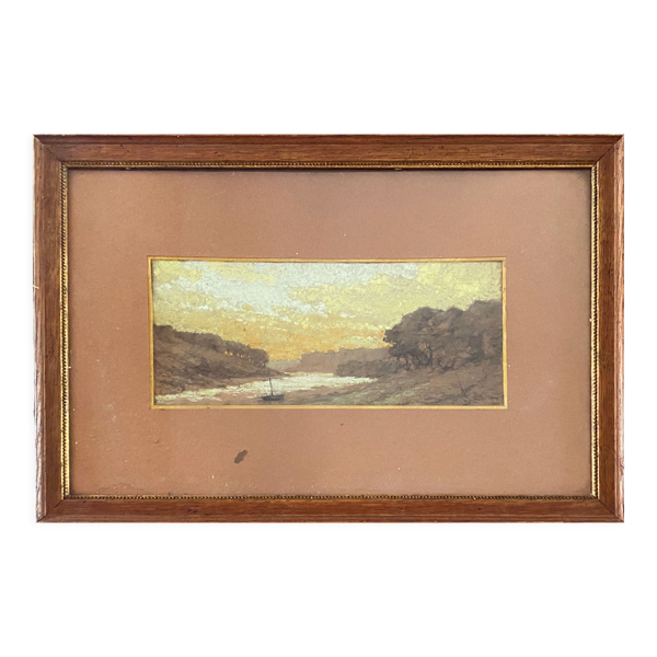 Tableau pastel "Vallée du Cer" paysage signé H. Gallert 1917 et cadre
