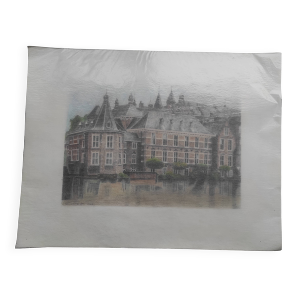 Dessin original stylo crayon architecture La Haye ''MTC'' ou ''Marie-Thérèse C