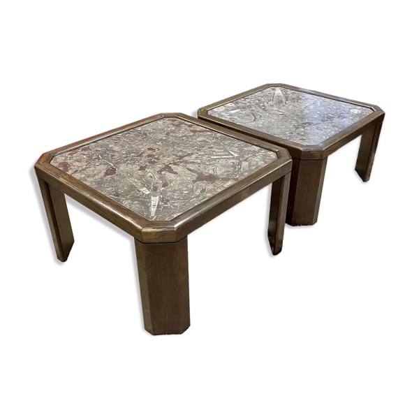 Paire de tables basses en chêne et pierre fossile