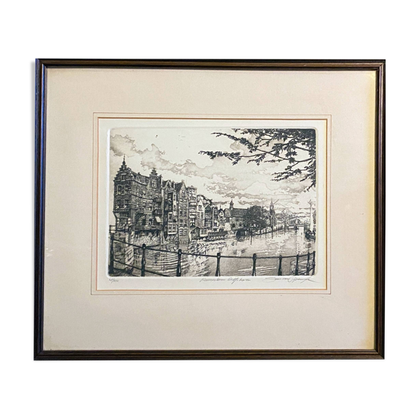 Gravure Rotterdam canal de Delfshaven signée 28/250 + cadre