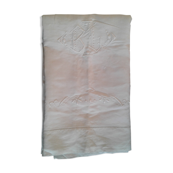 Drap lin monogramme brodé bc .art deco - Bon état sur Selency