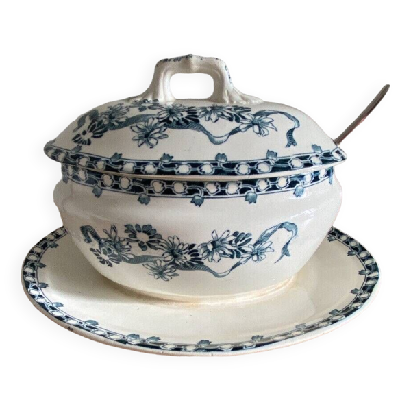 Ancienne sauciere sur dormant avec couvercle longwy pâquerette terre de fer - Bon état sur Selency