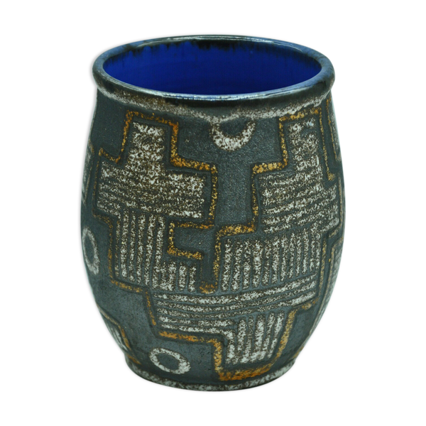 Vase design en grès émaillé motif art déco signé - Bon état sur Selency
