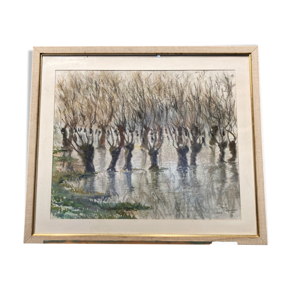 Aquarelle représentant des arbres avec leurs reflets dans l'eau