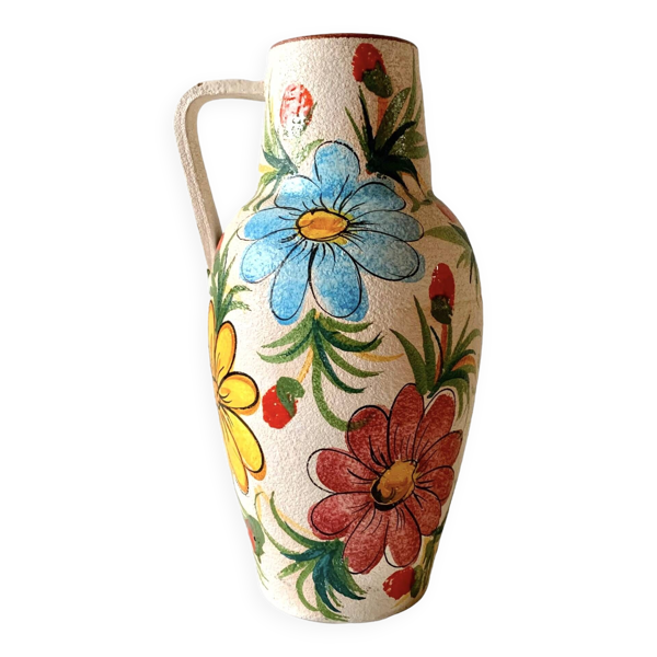 Grand vase vintage en céramique- décor floral peint à la main - Italie - Bon état sur Selency