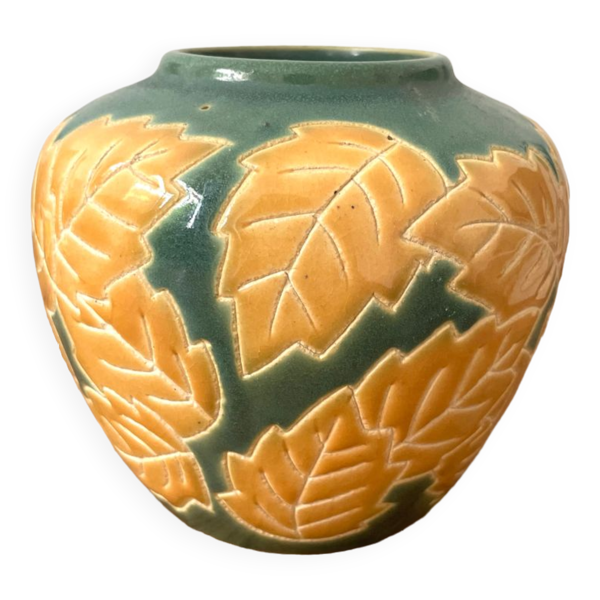Vase motif floral vert et jaune ceramique