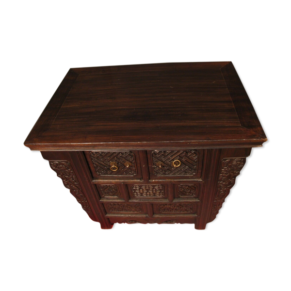 Ancienne table chinoise à tiroirs en orme foncé