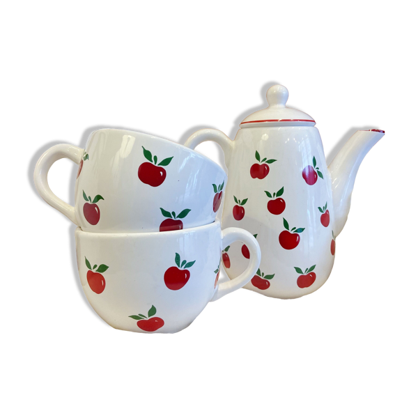 Théière et 2 tasses motif pomme
