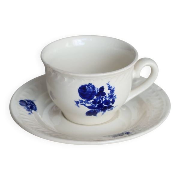 Tasse à thé Gien vintage faïence ivoire - Motif fleuri bleu