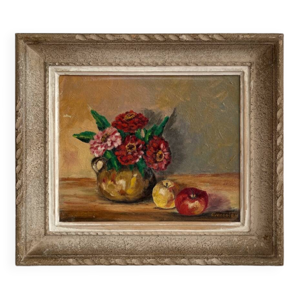 Tableau peinture ancienne huile sur toile fleurs pommes - Bon état sur Selency